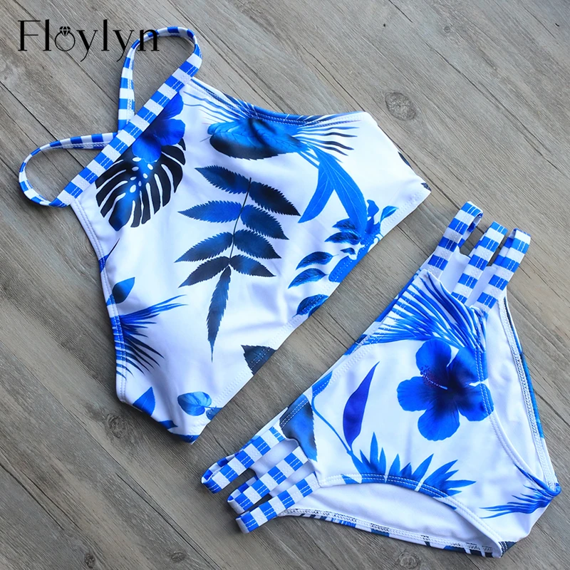 Купальник Floylyn Женский бандажный бикини с высоким горлом и принтом в виде