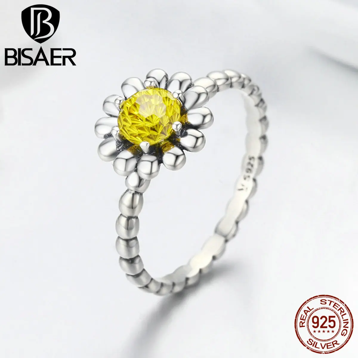 Серебро 925 пробы в виде цветущей ромашки, Сияющие серьги cz желтые камни кольца на палец для женщин Свадебные украшения подарок на день Святого Валентина