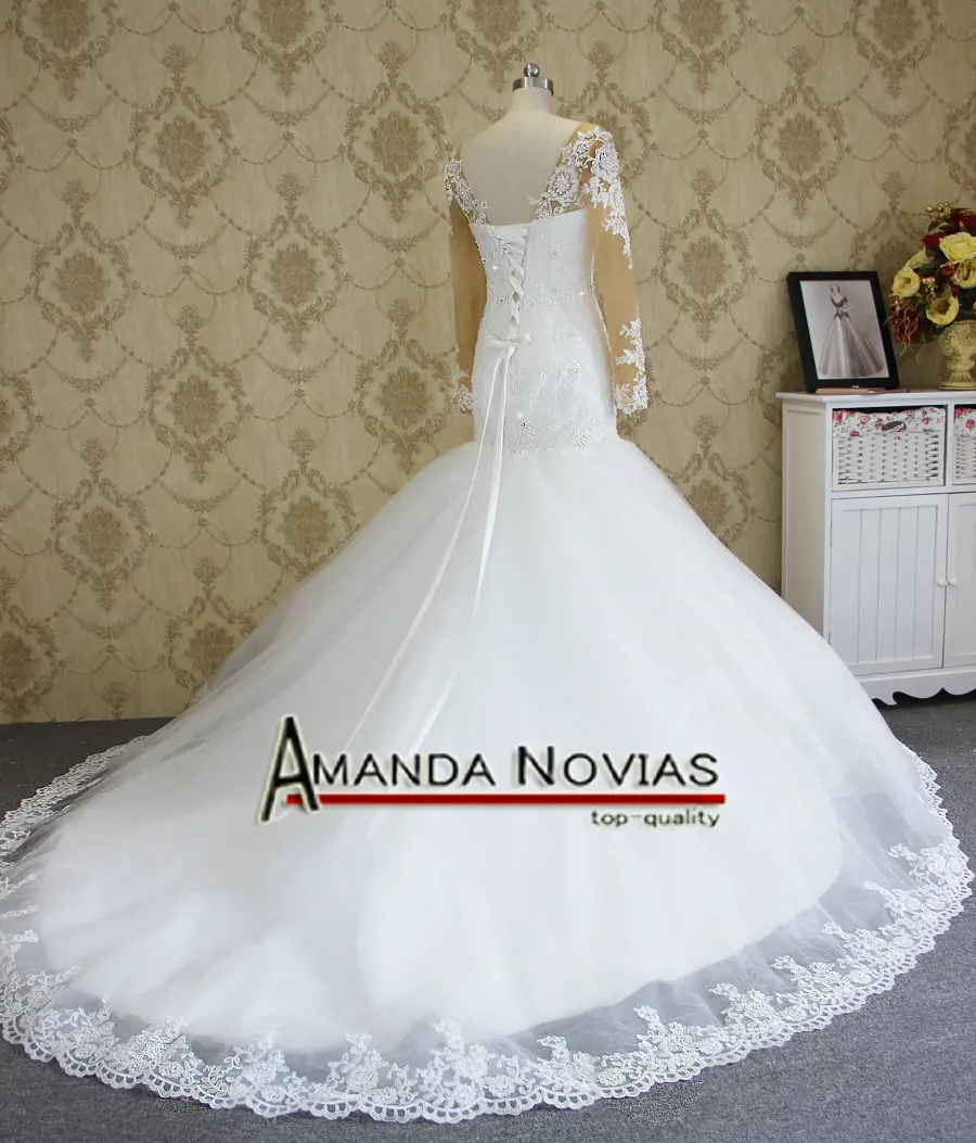 Женское свадебное платье русалка кружевное с длинным рукавом и низкой спиной