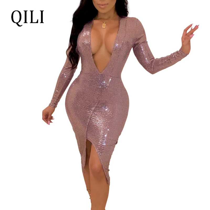 

QILI Women Sexy V-Neck Party Dress Sequined Split Asymmetrical Long Sleeve Bodycon Dresses Flash Sequin Elegant Black Pink Dress