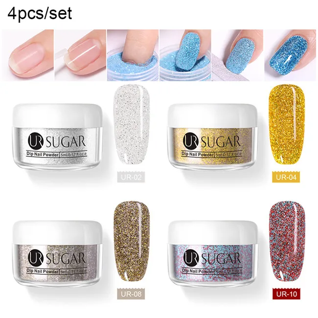 4pcs glitter3 UR SUGAR 5pcs Dipping Nail Glitter Powder Kits Without Lamp Cure Dip System French Manicure with Base Activator Liquid Gel Set - Цвет: 4pcs glitter3