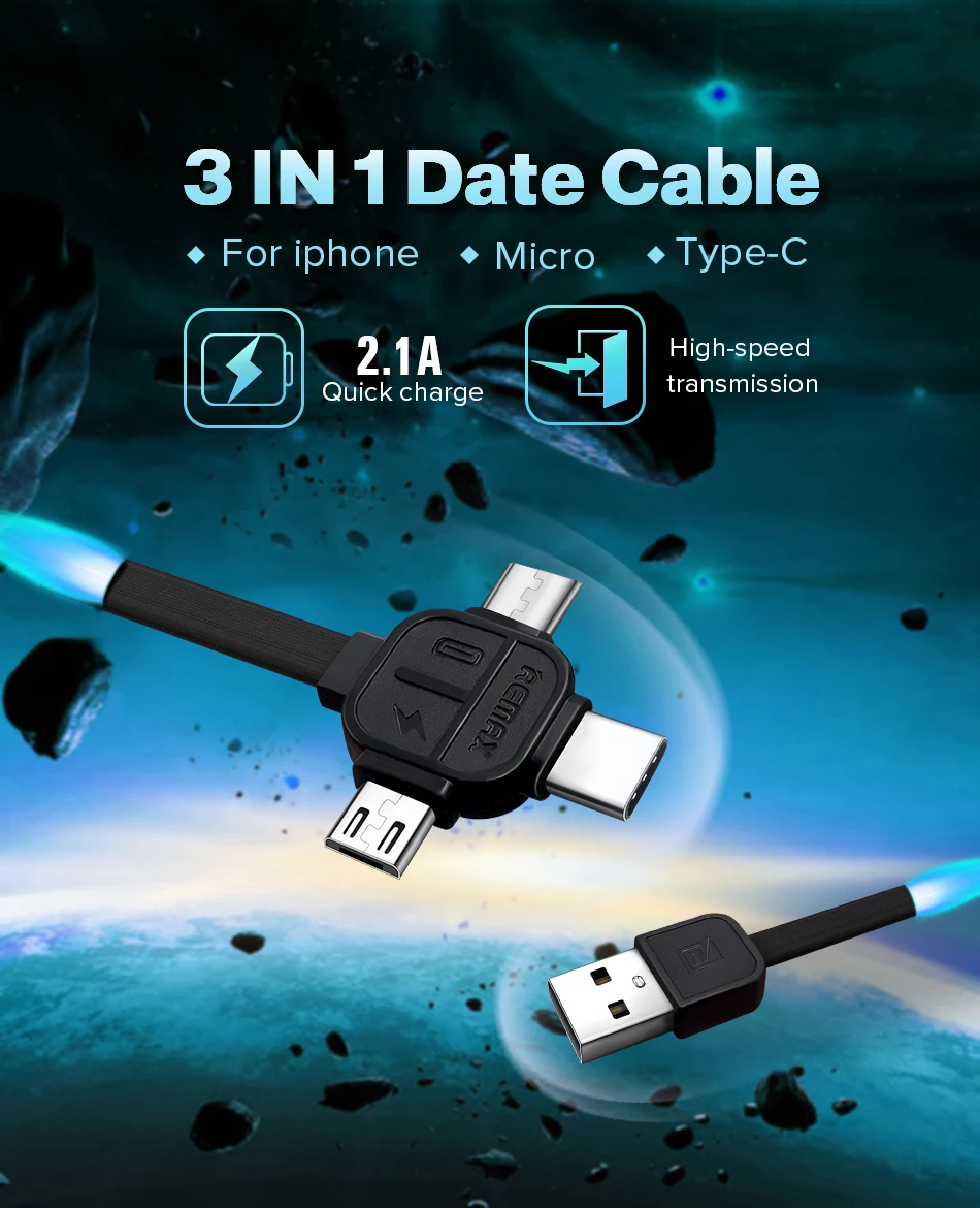 REMAX 3в1 USB C кабель type Micro TPE зарядный для передачи зарядного устройства iphone X/XS