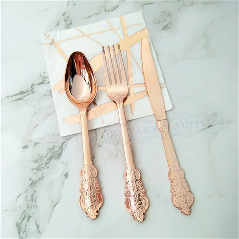 6 компл. тяжелых Вес розовое золото Пластик Столовые Приборы Pack с Ножи вилка и