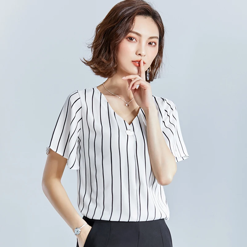 

New 2021 Summer Women Blouse Fashion Chiffon Women Tops Short Sleeve V-neck Striped Office Lady Shirt Clothing Blusas D686 30