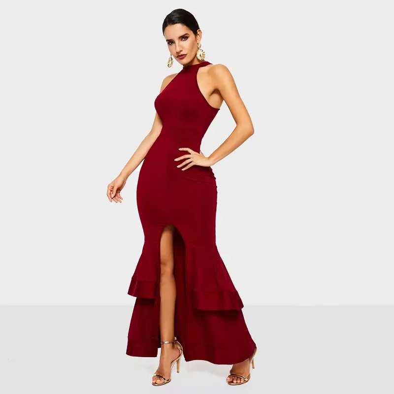 Sexy Party Bodycon Dress Elegant Blue Long Mermaid Evening Women Sleeveless Split Summer 2019 Ladies Black Halter Maxi Dresses | Женская