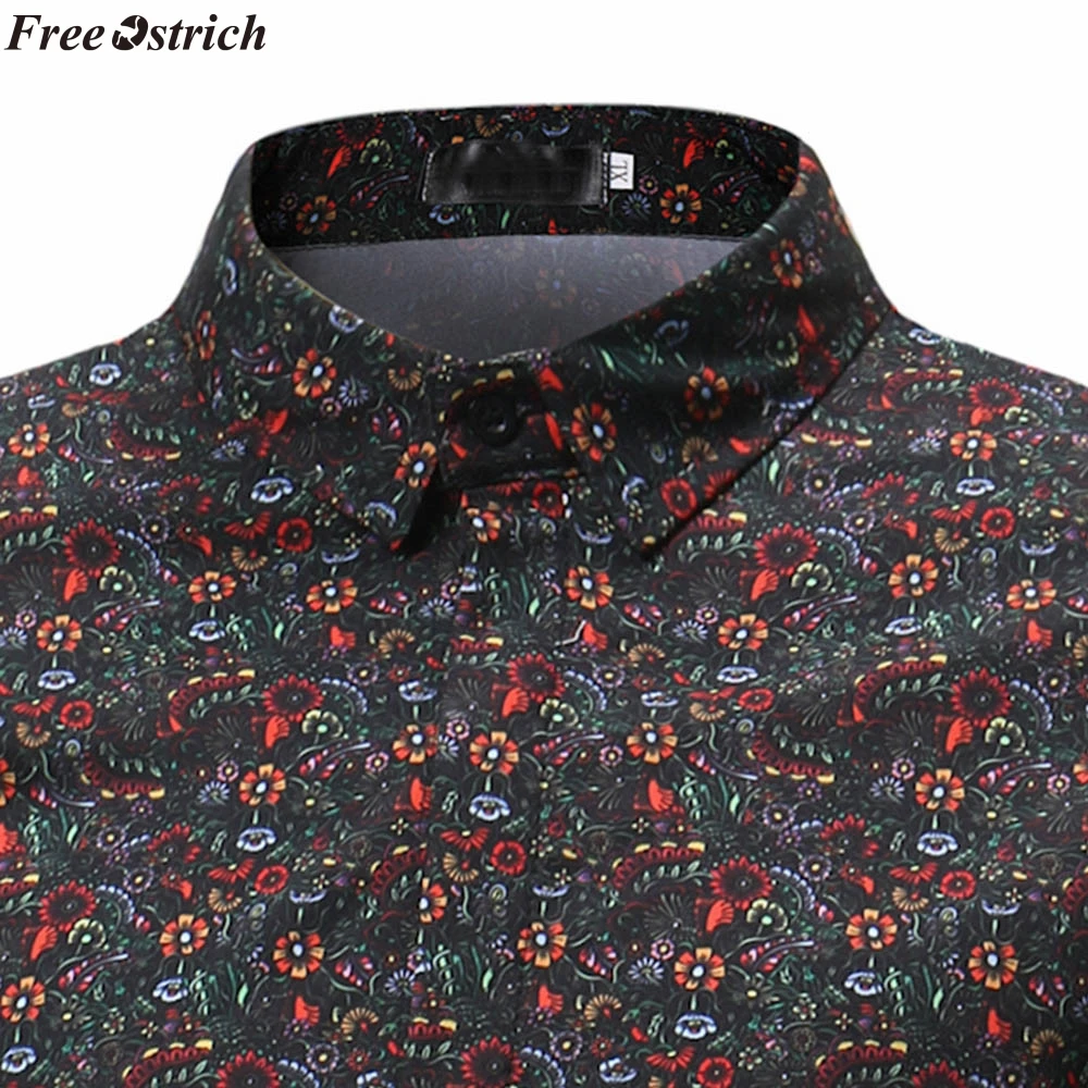 FREE OSTRICH Retro Floral Printed Man Casual Shirts Fashion Classic Men Dress Shirt Breathable Men's Long Sleeve Brand Clothing | Мужская