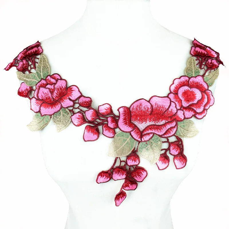 Pink Flower Collar Sew on Patch Applique Embroidered Neckline Lace Sewing Patches Sticker For Dress Clothing NL267 | Дом и сад