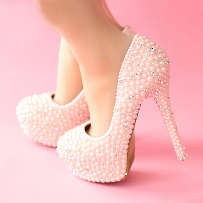 

Sweetness Jeweled High Heel 5.5 Inches Bridal Shoes Customized Party Prom Shoes Pink Pearls Wedding Shoes Women Rhienstone Pumps