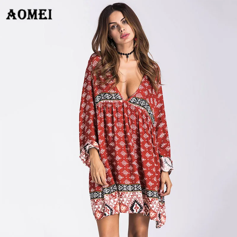Для женщин oversize-платье Цветочный принт Boho туника для Девочек Глубоким v-образным