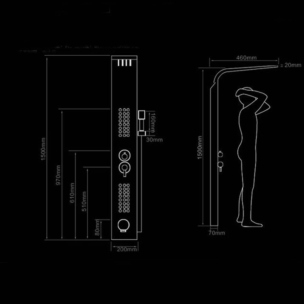 Brushed Nickel Thermostatic Shower Panel Column LED rain waterfall Shower Faucet 4 Massage jets with Tub Spout and Hand Shower