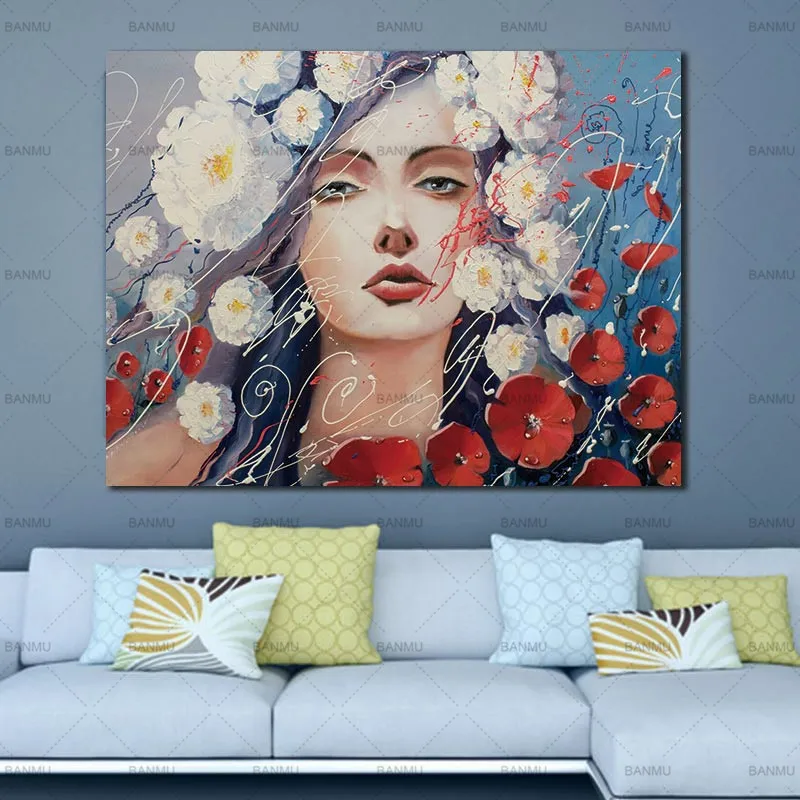Картина на холсте современное настенное искусство девушка с цветами для дома
