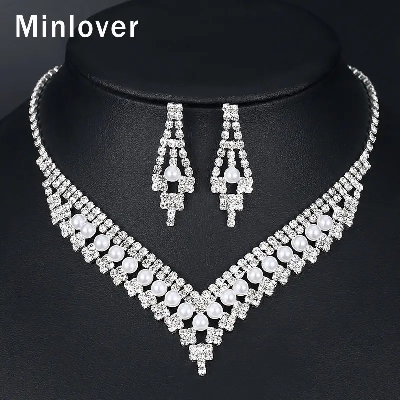 Minlover серебрянный простой искусственный жемчуг свадебные комплекты ювелирных изделий для женские модные Кристаллы свадебное ожерелье серьги набор MTL587