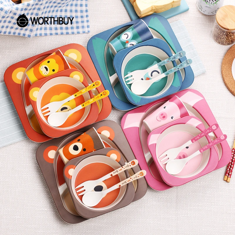 WORTHBUY Cute Cartoon Kids Dinnerware Set Eco-Friendly Bamboo Fiber Dinner Set Children Cutlery For School Picnic Tableware