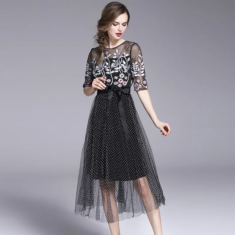 Платье MUXU с вышивкой летнее черное в горошек прозрачной сеткой модное элегантное