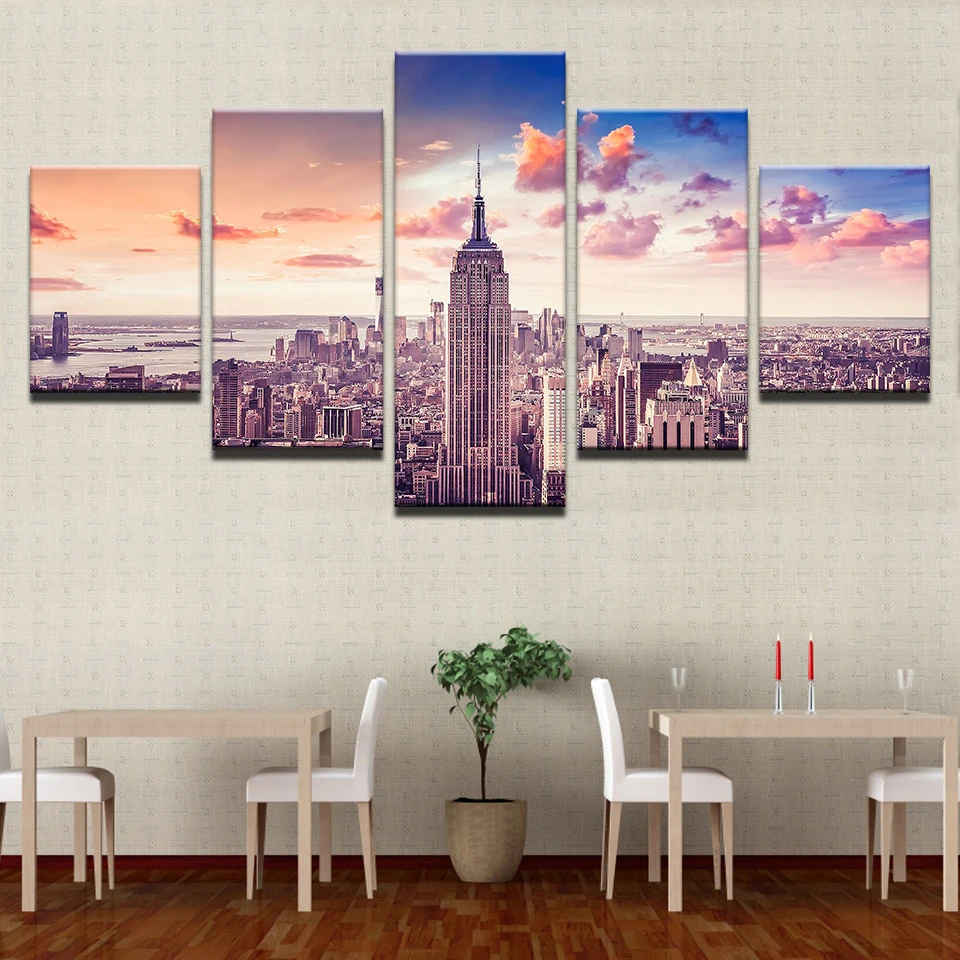 

Wall Art Decor Canvas Pictures HD Prints Living Room 5 Pieces Sunset New York City Building Paintings Cityscape Poster Framework