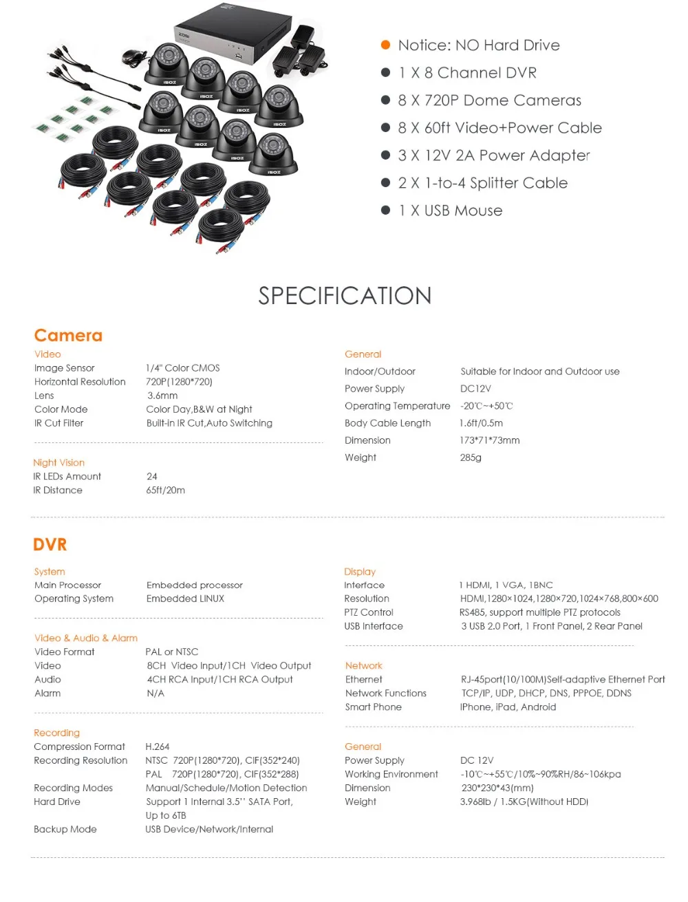 ZOSI 8-канальный HD-TVI 1080N DVR система видеонаблюдения с 8 камерами высокого разрешения 720 P/ТВЛ