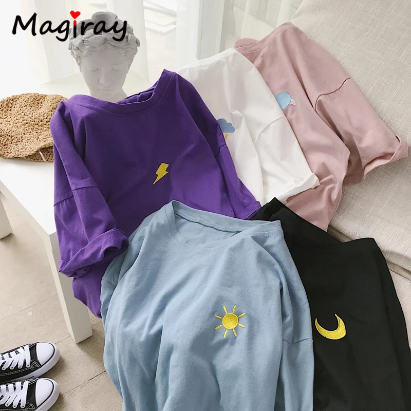 Magiray Harajuku Милая футболка женская с рукавом-капелькой Луна солнце мультфильм вышивка каваи корейский Tumblr Женский Топ Повседневная футболка 472
