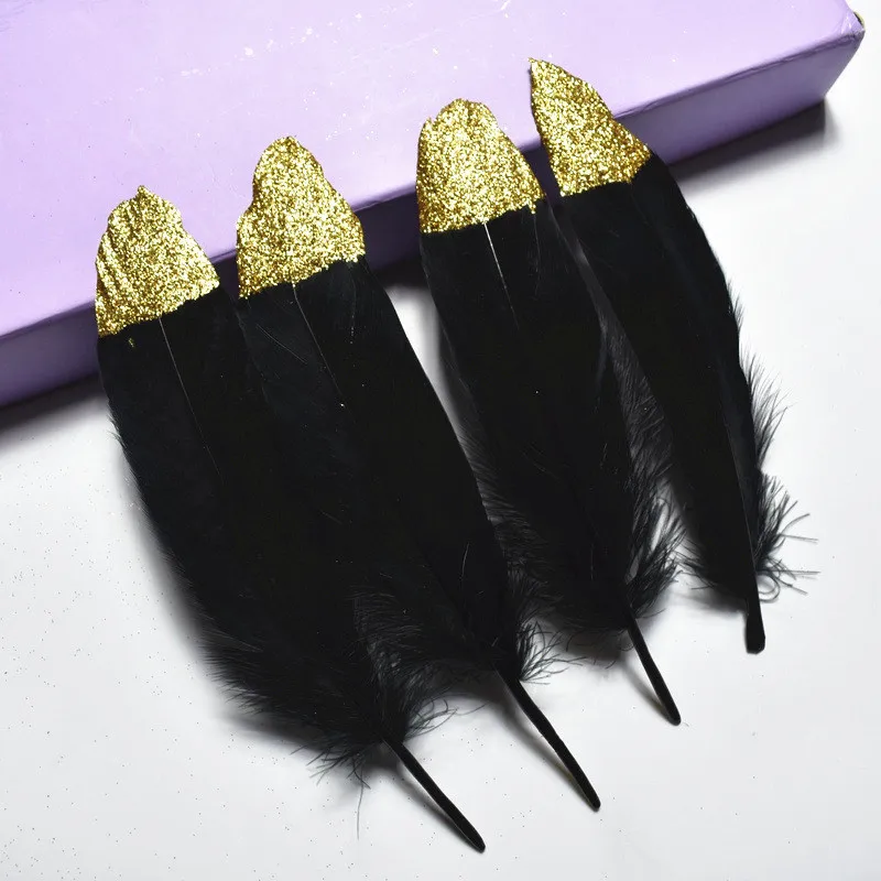 10 шт./лот золото окунутый натуральный гусь перо для ремесел черные перья для изготовления ювелирных изделий Плюм Декор Свадебные Перья украшения - Цвет: Black Gold