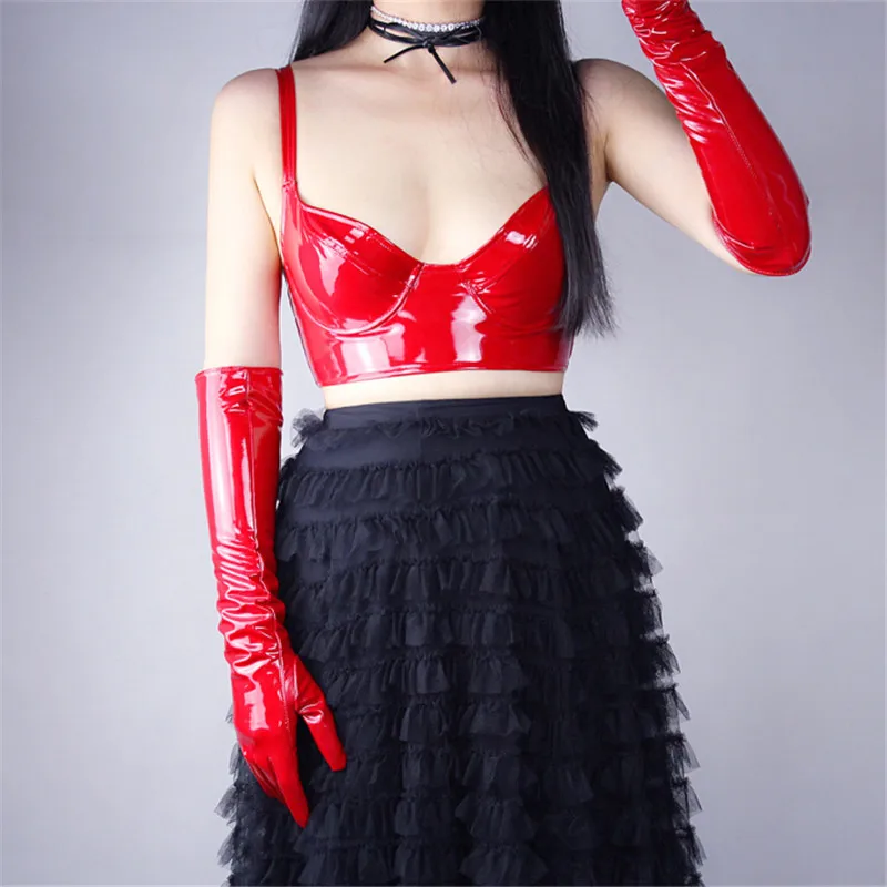 50cm long Новинка, лакированные кожаные перчатки, 60 см, ярко-красные, очень длинные, из имитирующей кожи, на локоть, для косплея, блестящие, красные, женские, WPU05 - Цвет: 50cm long