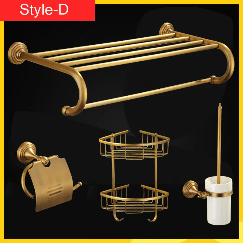 style D Античная латунь настенное крепление аксессуары для ванной комнаты Набор аксессуаров для ванной полка полотенце крючок для халата мыло стакан держатель для бумаги полотенце бар - Цвет: style D