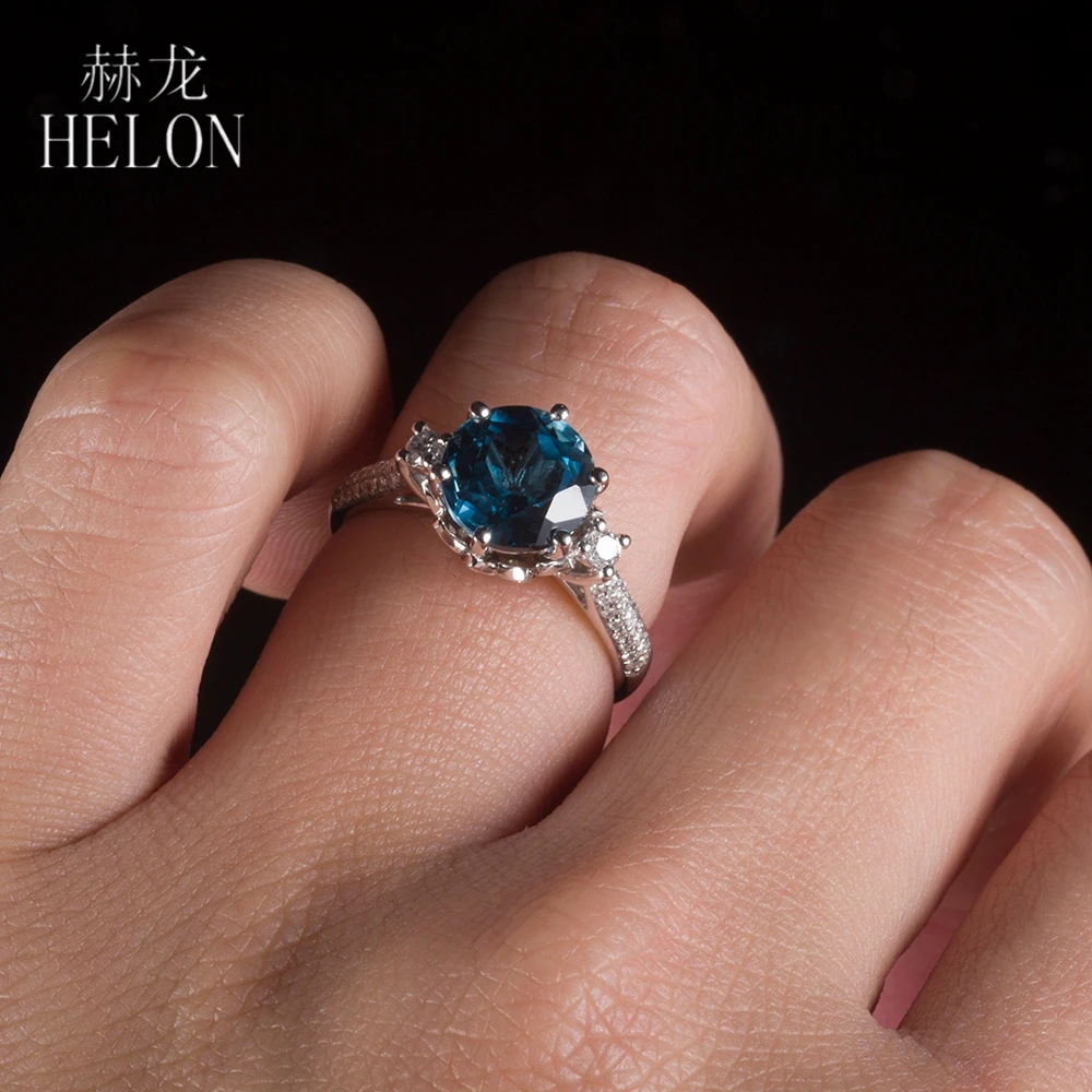

HELON 9mm Round 2.6ct London Blue Topaz Ring Solid 14K White Gold 0.4ct Diamonds Engagement Ring Women Wedding Exquisite Jewelry