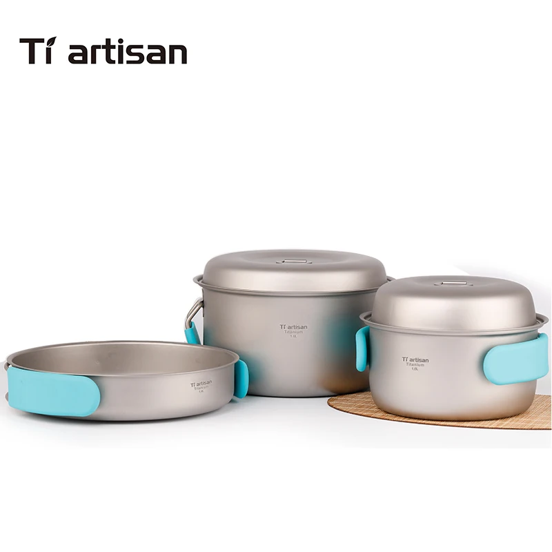 3 PCS Набор кастрюль Tiartisan из чистого титана, складной портативный горшок для приготовления пищи и многофункциональная походная посуда Ta8501Ti - Цвет: 3 PCS