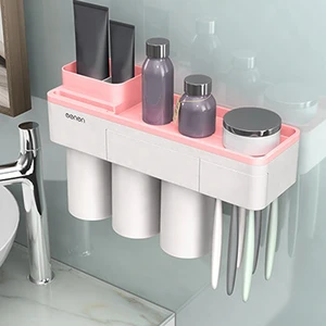 Toothbrush Holder With Magnetic Inverted Cup Adsorption Wall Mount Bathroom Cleanser Storage Rack Bathroom Accessories Set
