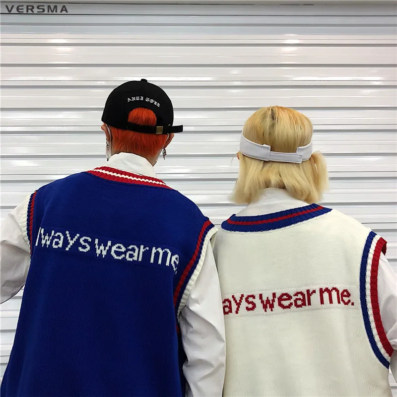 VERSMA корейский Harajuku Instagram BF письмо мужские трикотажные жилеты V образным вырезом негабаритных без рукавов свитер мужской жилет пуловер