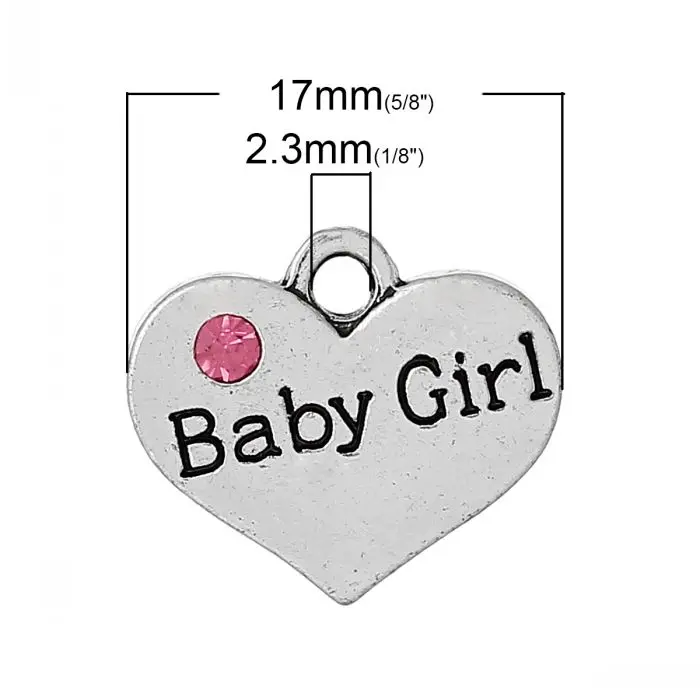 8SEASONS Charm Pendants Heart Silver Color Message &quotBaby Girl&quotCarved Pink Rhinestone 17.0mm x 15.0mm 20 PCs | Украшения и