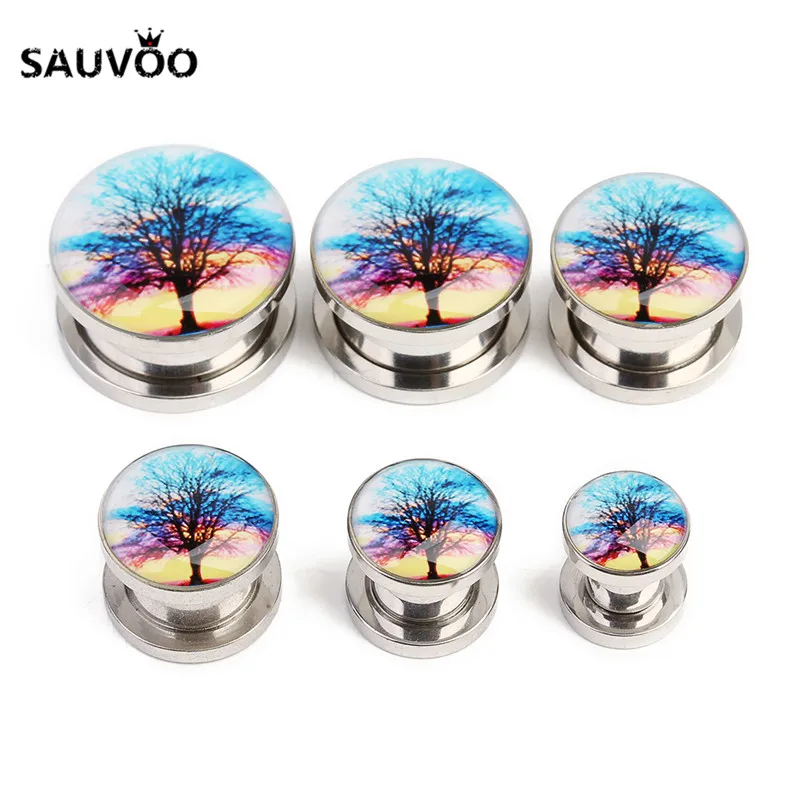 Туннель для пирсинга Sauvoo 2 шт./лот из нержавеющей стали с рисунком розового цветка