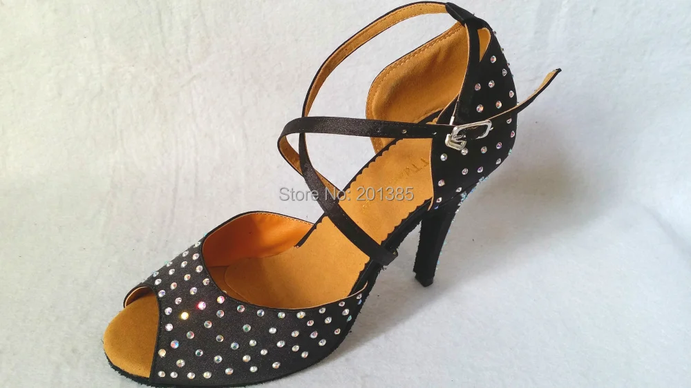 Новинка женская черная атласная танцевальная обувь со стразами для сальсы