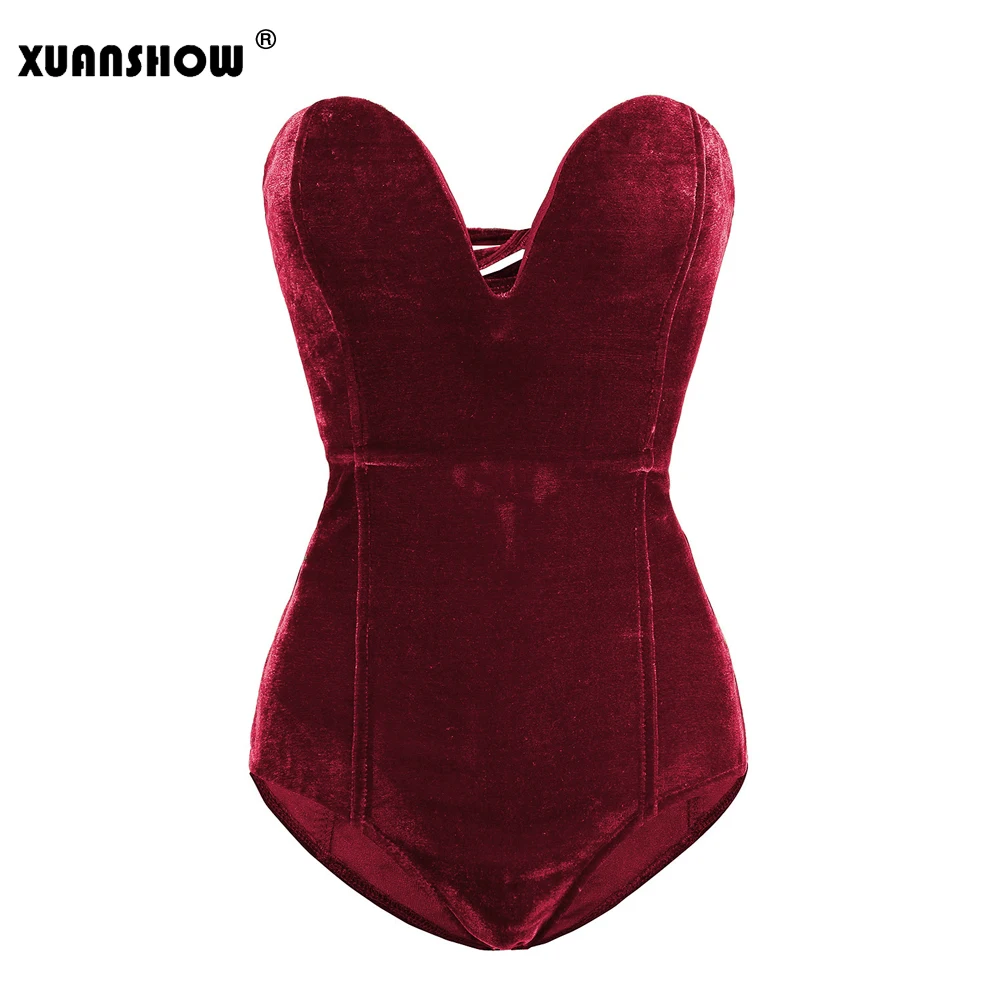 Wine Red XUANSHOW Сексуальное Милое бюстье боди однотонные бархатные на шнуровке с открытой спиной комбинезоны летние обтягивающие элегантные женские боди - Цвет: Wine Red