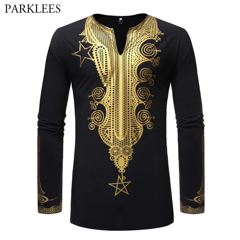 

Men's Stylish Design African Tribal Dashiki Dress Shirt Long Sleeve Luxury Metallic Floral Printed Mandarin Collar Shirt Chemise