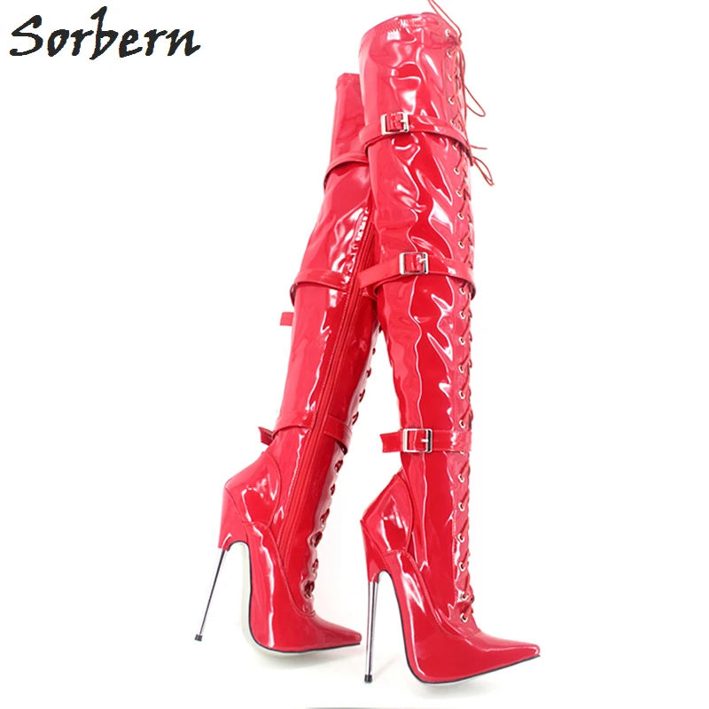 

Sorbern Sexy Fetish Women Boots Mid Thigh High Over The Knee Lace Up 18cm Metal Heels Straps Pointed Toe Large Size 36-46