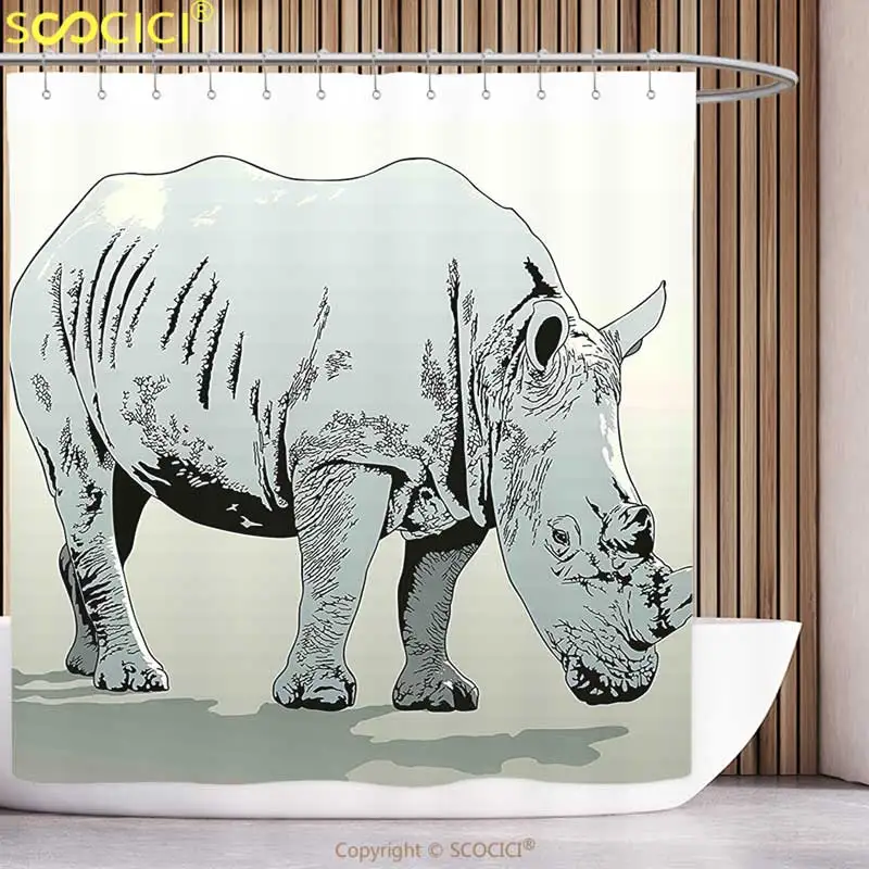 

Стильная занавеска для душа с животными, Африканские животные, риноceros, иллюстрация, тропический, натуральный, сафари, детское искусство, голубой и бледно-зеленый
