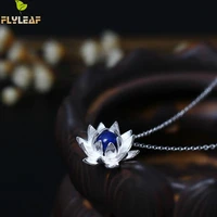 real 925 sterling silver lapis lazuli lotus flower necklaces pendants for women top quality lapis femme vintage fine jewelry
