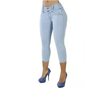 Light blue Женские сексуальные повседневные укороченные брюки, одноцветные узкие брюки с пуговицами и летящей талией, дышащая эластичная укороченная брюки размера плюс - Цвет: Light blue