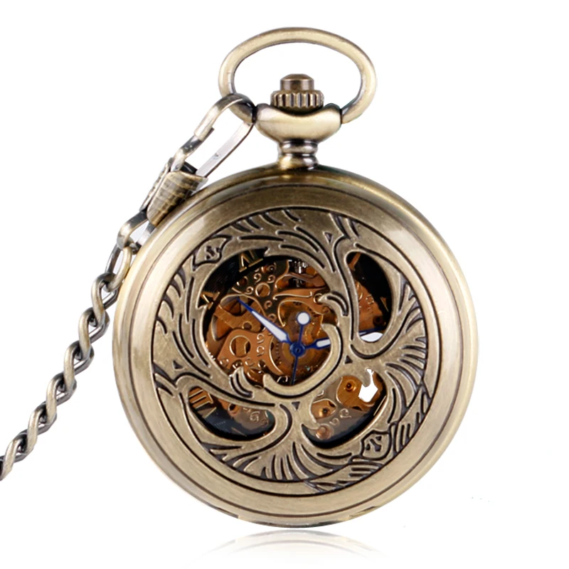 Classic Bronze Hand-wind Mechanical Pocket Watch for Men Women Phoenix Caving Design Roman Numeral Dial with Pendant Chain Clock classic one piece pattern pocket watch for men big round dial clock for women retro bronze slim chain pendant relogio de bolso