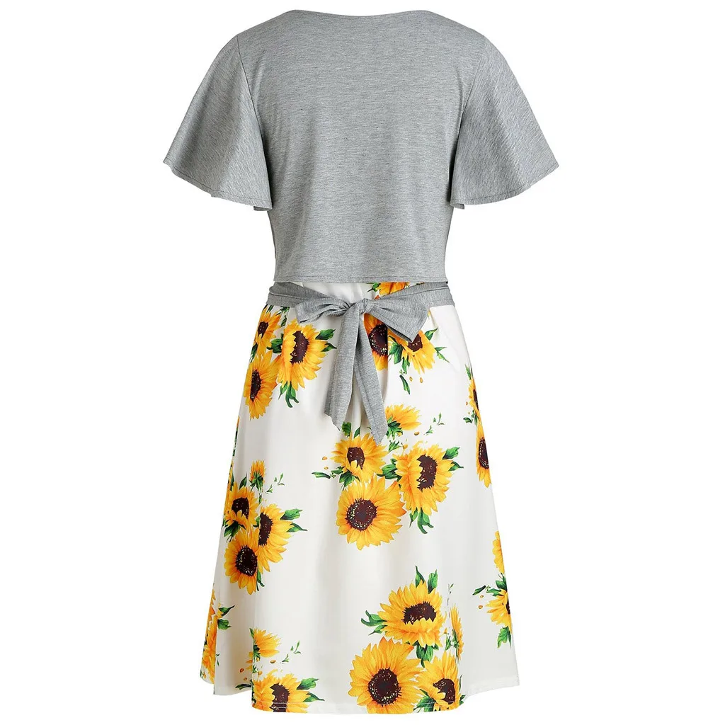 New women's short sleeved Bow Tie Blouse Sunflower Print Dress Suit Fashion Summer Girl Comfortable Dresses Casual|Женские платья| |