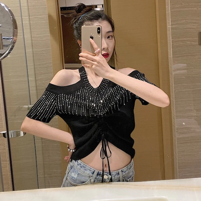 New Slim Fit Diamonds V-Neck Short Sleeve Fashion T-Shirt Womens Summer Sexy Open Shoulder Black Crop Tops Remeras Mujer | Женская