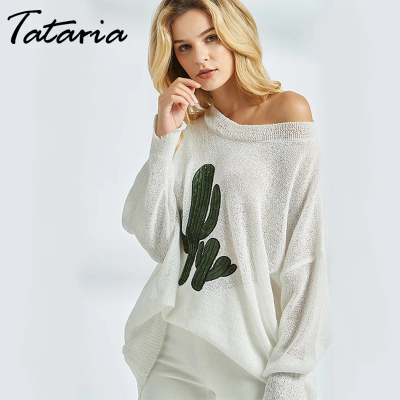 Tataria Sexy Off Shoulder Knitted Sweater Women Long Sleeve Batwing for Elegant Solid Printed Pullover and | Женская одежда