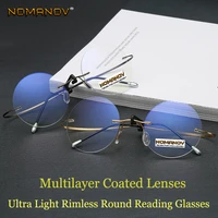 round reading glasses men women portable rimless ultra light frameless frame coated lenses with box 0 75 1 1 5 1 75 2 to 4