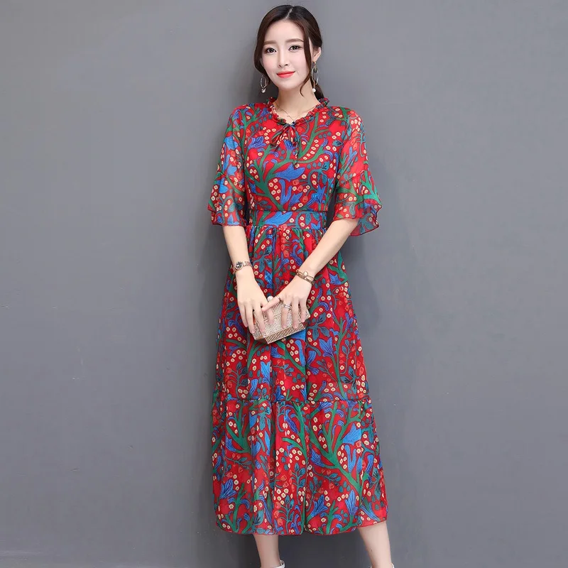 Женское платье из шифона с цветочным рисунком Лето 2017 г. корейский Тонкая талия