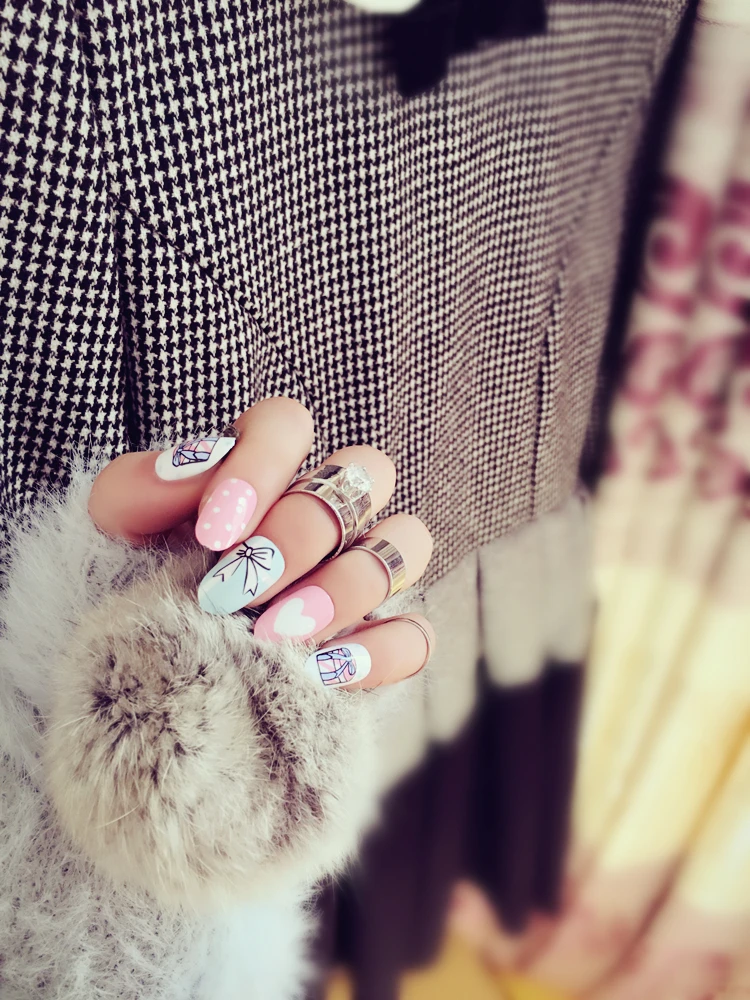 Мой милый кремовый розовый рисунок торта свежие французские накладные ногти 24