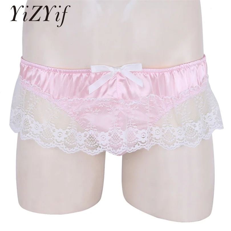 

YiZYiF Sissy Gay Men Underwear jockstrap G-string Thong Satin Panties Shiny Soft Lingerie Ruffled Floral Lace Low Rise Panties