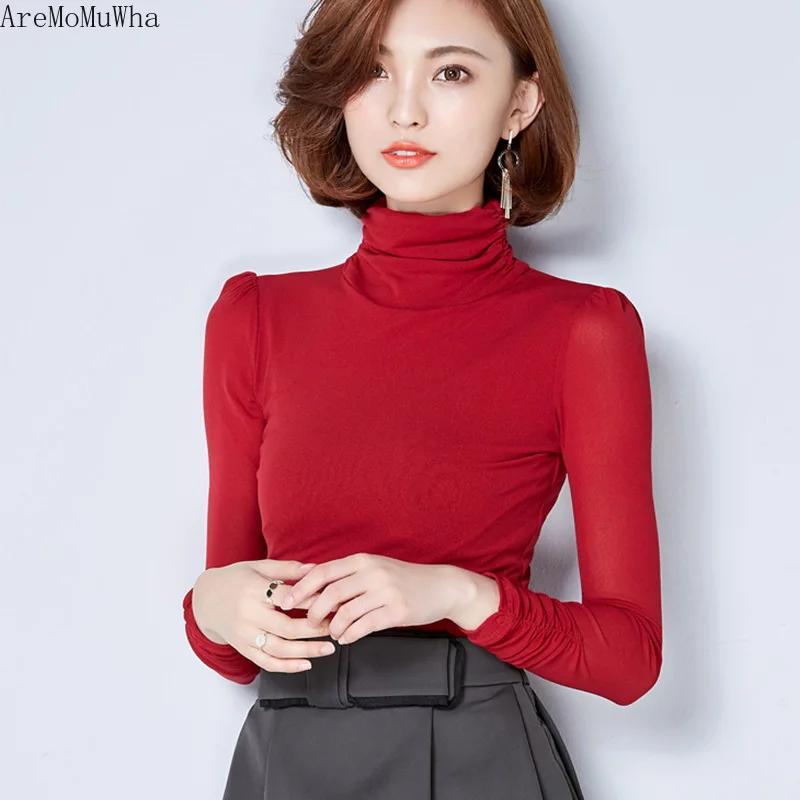 Новинка 2019 облегающая сетчатая рубашка AreMoMuWha с высоким воротником женская
