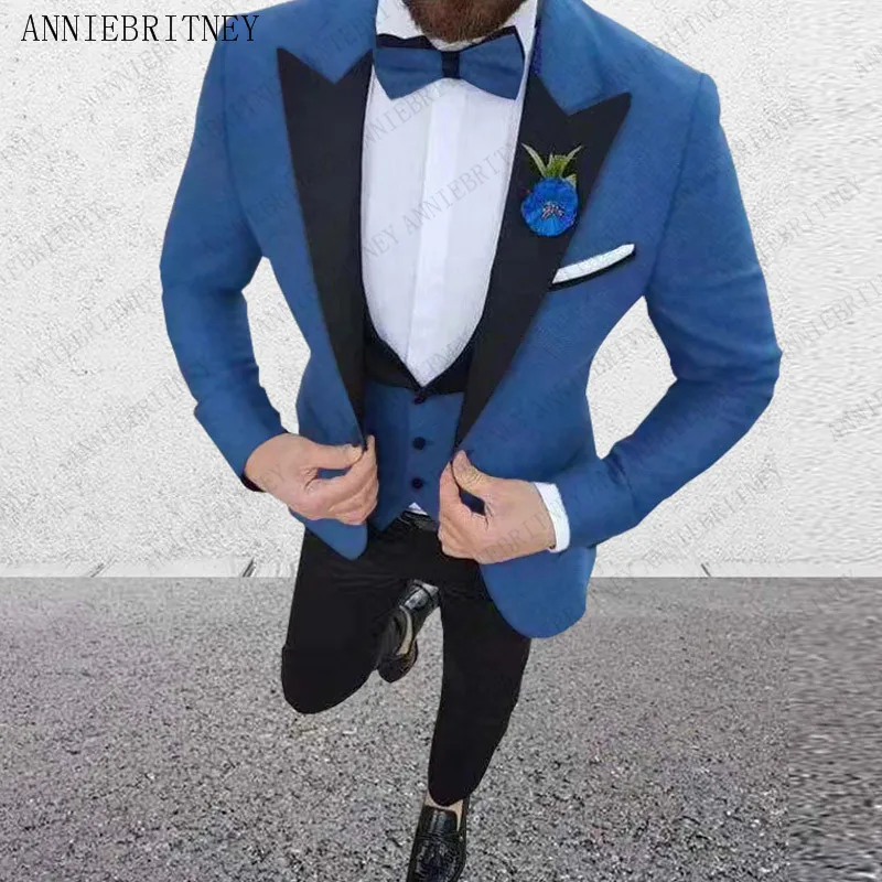 

ANNIEBRITNEY Blue Men Suit Set With Black Lapel Wedding Suits for Men Custom Slim fit Groom Mens Suit 3 Piece (Jacket+Pant+Vest)