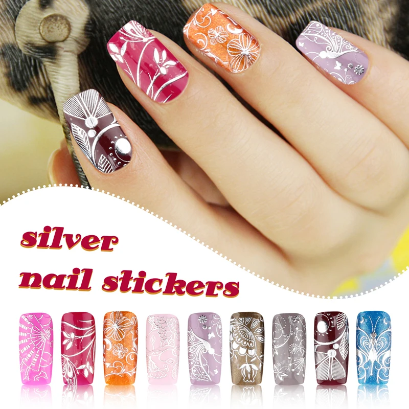Серебряный 3D Nail Art Наклейки надписи 1 лист стильный металлический смешанный