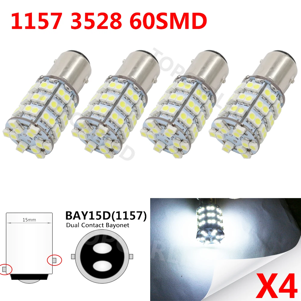 

4pcs BAY15D 1157 LED 3528 SMD 60 LED Bulbs Pure White Lamps For Car Auto Reverse Backup Taillight Stop Brake Turn Signal Lights