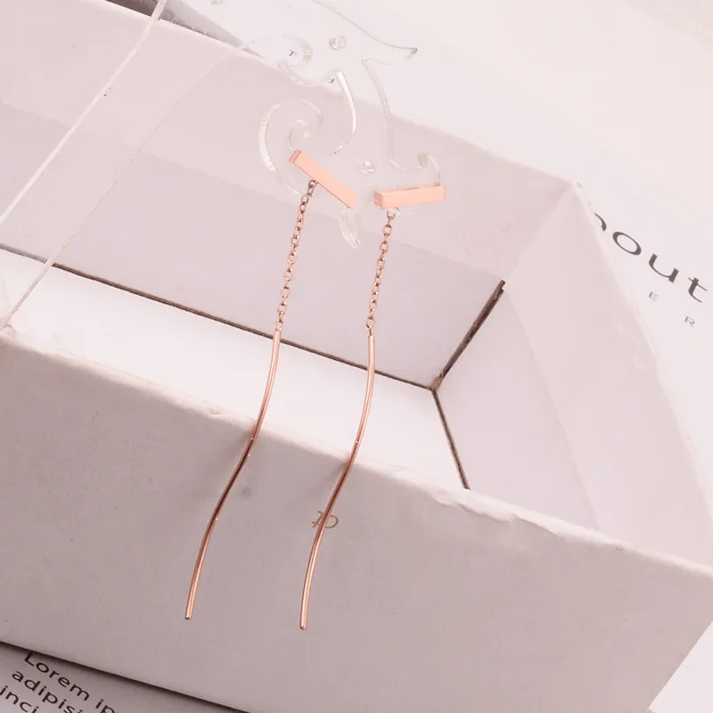 New Arrival Punk Rose Gold-color 316L Stainless Steel Dangle Earrings For Women Square Bar Ear Line Chains Fine Jewelry Gift | Украшения и